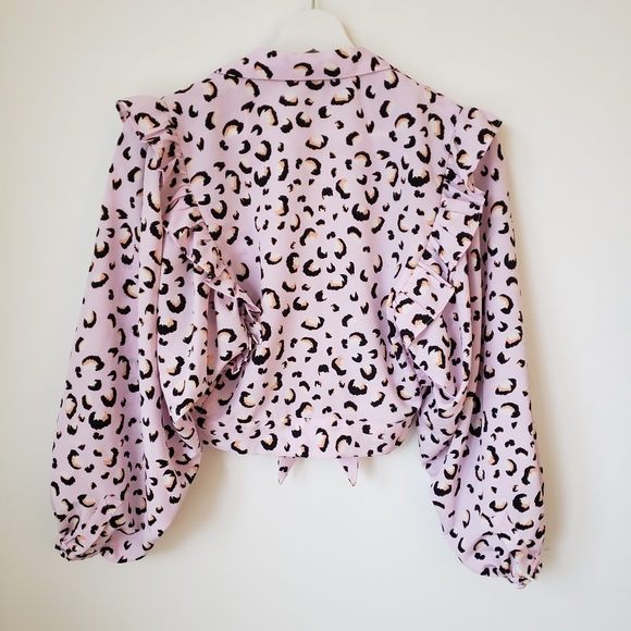 TOPSHOP Pink Animal Print Frill Tie Front Blouse Size 4 - Picture 11 of 13